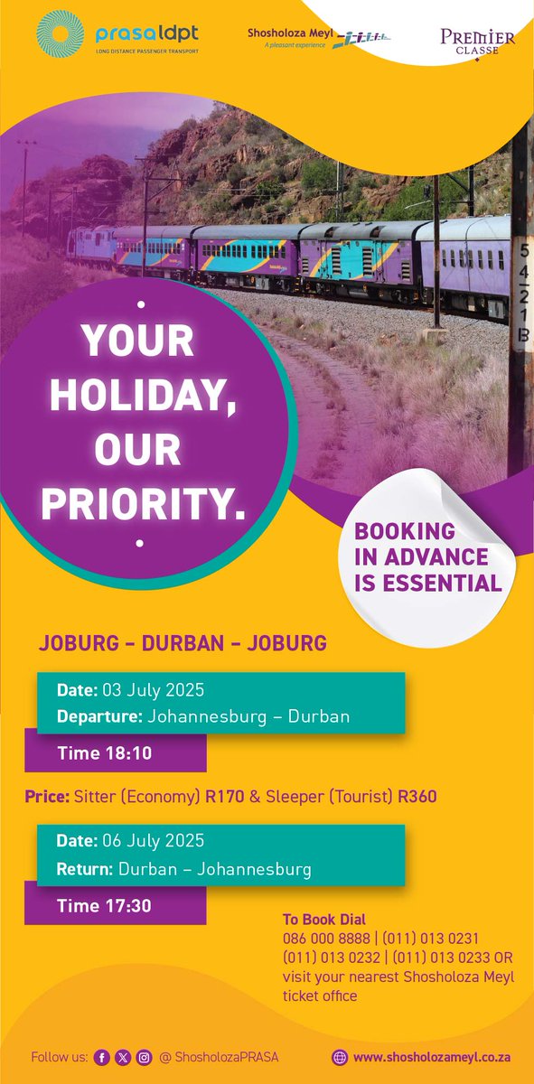 Shosholoza Meyl PRASA (@shosholozaprasa) on Twitter photo Don't miss out! Bookings are still open for the Johannesburg to Durban train next week.
๐ Book your tickets today! <a href="/PRASA_Group/">PRASA Group</a> <a href="/dbntourism/">Durban Tourism</a> <a href="/GautengTourism/">Gauteng Tourism Authority</a> #HDJ2025 #BookNow Don't miss out! Bookings are still open for the Johannesburg to Durban train next week.
๐ Book your tickets today! <a href="/PRASA_Group/">PRASA Group</a> <a href="/dbntourism/">Durban Tourism</a> <a href="/GautengTourism/">Gauteng Tourism Authority</a> #HDJ2025 #BookNow