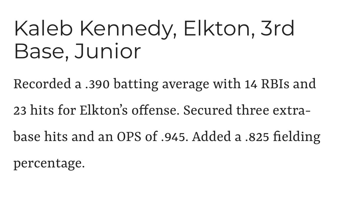 Honored to be named 2025 All-County Baseball 🙌⚾️

Thank you for the recognition — grateful for my coaches, teammates, and everyone who’s supported me!

<a href="/WowFactor_NE/">Jared Verebey</a> <a href="/Elkton_Baseball/">ElktonBaseball</a> <a href="/kliner19er/">Ethan Kline</a> <a href="/BUncommitted/">Baseball_Uncommitted</a> <a href="/nowlin_nate/">Nate Nowlin</a> <a href="/BaseballFactory/">Baseball Factory</a> <a href="/EinhardtEvin/">Evin Einhardt</a>