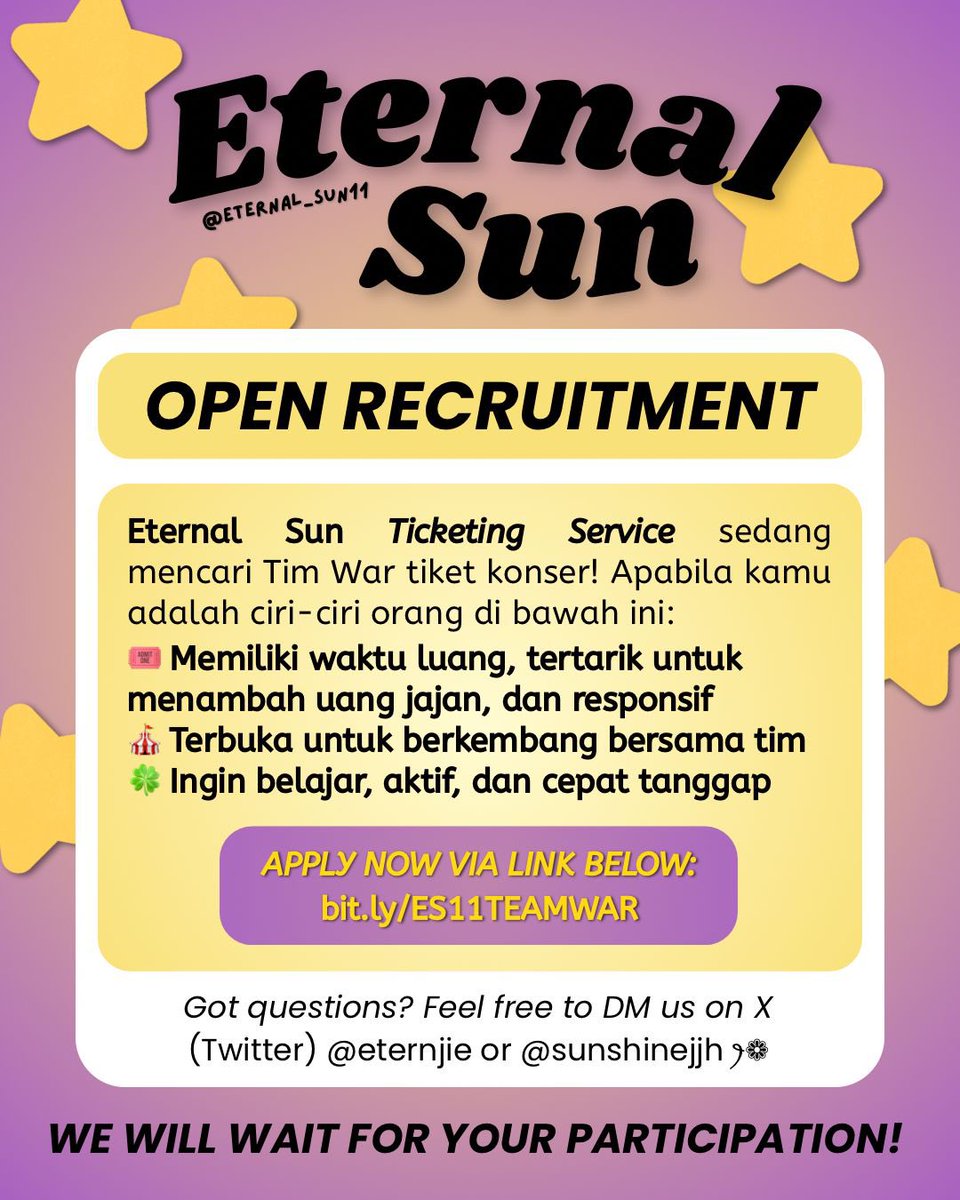 📣 OPEN RECRUITMENT: TEAM WAR @ETERNAL_SUN11 !

Punya waktu luang dan ingin dapat uang jajan tambahan? Yuk, gabung bersama kami di Team War Eternal Sun! ☀️✨

📝 Daftar melalui link ini ya:
🔗 bit.ly/ES11TEAMWAR

Ditunggu partisipasinya, ya! 💖
