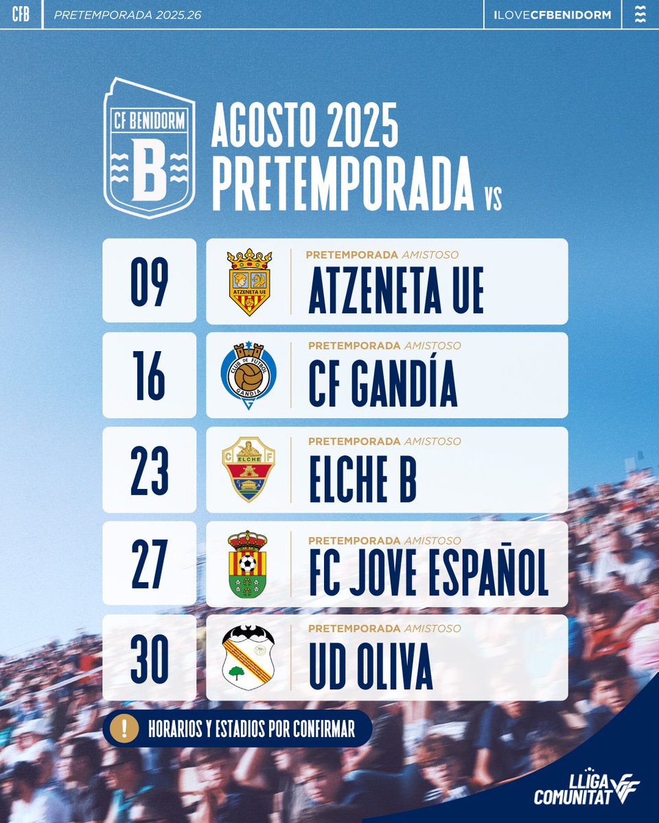 🔜 ¡La temporada 2025.26 calienta motores! ⚽️💙

🏟️El #CFBenidorm volverá en agosto a competir con un calendario ya definido de exigentes pruebas de pretemporada. Porque el camino empieza antes del primer pitido oficial. 

#CFBYoEstabaAllí #PretemporadaCFBenidorm #ILOVECFBenidorm