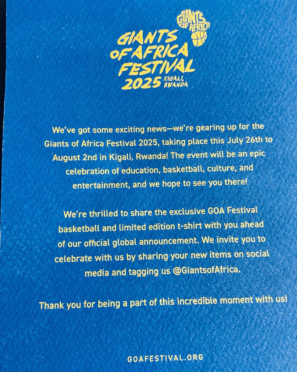 MC BR1AN🇷🇼 (@shemnatetebrian) on Twitter photo The call came through & once again, we RISE!
GIANTS OF AFRICA FESTIVAL returns to KIGALI!
Honored to receive exclusive <a href="/GiantsOfAfrica/">Giants of Africa</a> gear ahead of the 2025 edition,July 26–Aug 2!
Proud to be part of this epic celebration of education,basketball,culture & entertainment.
🇷🇼🌍💪🏽 The call came through & once again, we RISE!
GIANTS OF AFRICA FESTIVAL returns to KIGALI!
Honored to receive exclusive <a href="/GiantsOfAfrica/">Giants of Africa</a> gear ahead of the 2025 edition,July 26–Aug 2!
Proud to be part of this epic celebration of education,basketball,culture & entertainment.
🇷🇼🌍💪🏽