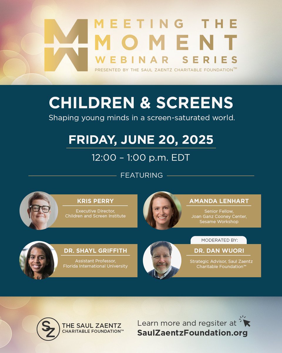 Dan Wuori (@danwuori) on Twitter photo Did you miss last week’s Meeting the Moment webinar on children and screens?
I spoke with experts from <a href="/childrenscreens/">Children and Screens</a>, <a href="/SesameWorkshop/">Sesame Workshop</a> and <a href="/FIU/">FIU</a> about the impact of digital media on health and development.
You can check out the recording now at the link in the reply below. Did you miss last week’s Meeting the Moment webinar on children and screens?
I spoke with experts from <a href="/childrenscreens/">Children and Screens</a>, <a href="/SesameWorkshop/">Sesame Workshop</a> and <a href="/FIU/">FIU</a> about the impact of digital media on health and development.
You can check out the recording now at the link in the reply below.