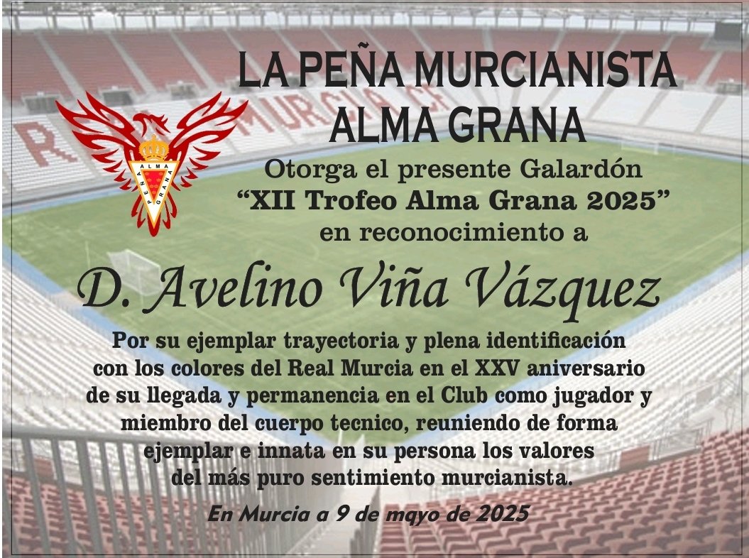 PM ALMA GRANA (@almagranapm) on Twitter photo Hoy hace 25 años que ascendió el <a href="/realmurciacfsad/">Real Murcia CF</a> en Granada con aquel inolvidable Gol de <a href="/PAguilar10/">Pepe Aguilar</a> y recién acababa de aterrizar semanas antes el brillante arquero de aquella gloriosa tarde, nuestro premio Alma Grana de 2025... Hoy hace 25 años que ascendió el <a href="/realmurciacfsad/">Real Murcia CF</a> en Granada con aquel inolvidable Gol de <a href="/PAguilar10/">Pepe Aguilar</a> y recién acababa de aterrizar semanas antes el brillante arquero de aquella gloriosa tarde, nuestro premio Alma Grana de 2025...