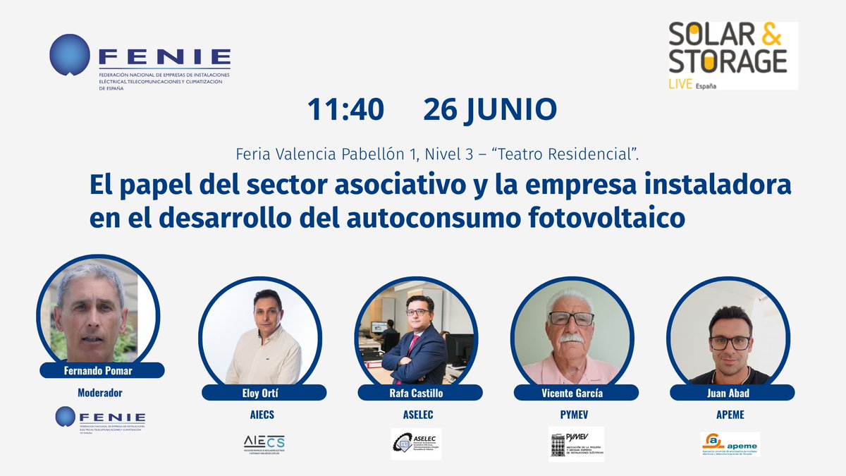 🗓️Mañana, 26 de junio, a las 11:40 h, estaremos en 
<a href="/feriavalencia/">Feria Valencia</a> Pab. 1, nº 3, Teatro Residencial en <a href="/SolarStorageUK/">Solar & Storage Live</a> 
🎤El papel del sector asociativo y la empresa instaladora en el desarrollo del autoconsumo fotovoltaico.
<a href="/aiecscomunica/">aiecscomunica</a> <a href="/ASELECfemeval/">ASELEC</a> #PYMEV  
<a href="/ApemeAlicante/">Apeme</a>