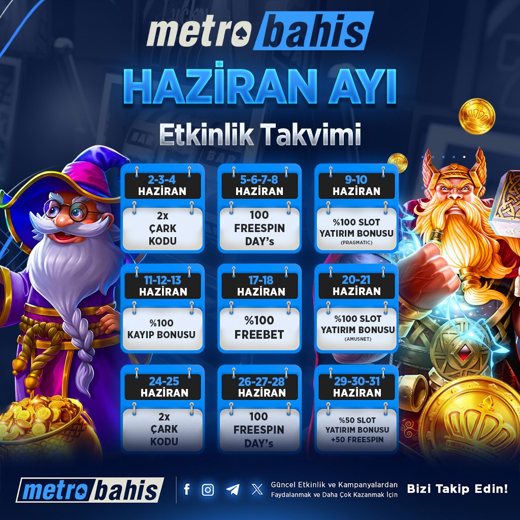 Metrobahis_'s tweet photo. 🎯 Haziran’da Kazanç Zamanı!

Metrobahis’te Haziran ayı bonuslarla dolu!

🎁 2x Çark Kodları
🎰 100 Freespin Günleri
💸 %100 Yatırım &amp; Kayıp Bonusları
⚽️ %100 Freebet Fırsatları

https://t.co/BaY9cQIh5F" https://t.co/UYjIKlEg7c