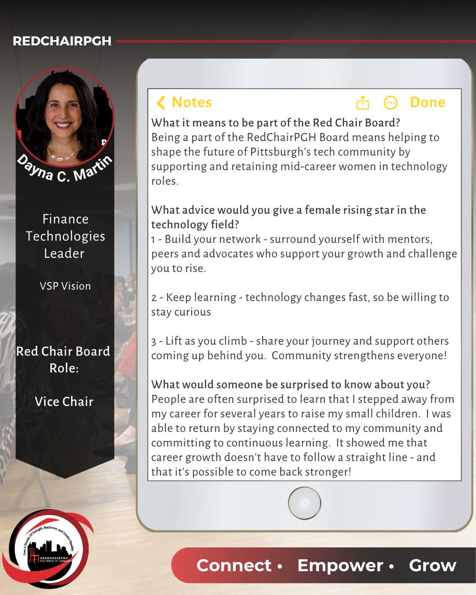 Meet Dayna C. Martin, Red Chair Pittsburgh board member! 🌟

For Dayna, it’s all about shaping the future of tech by supporting mid-career women in Pittsburgh’s tech scene.

Volunteer with us today!
🔗 redchairpgh.org/contact/

#WomenInTech #RedChairPittsburgh #TechEquity