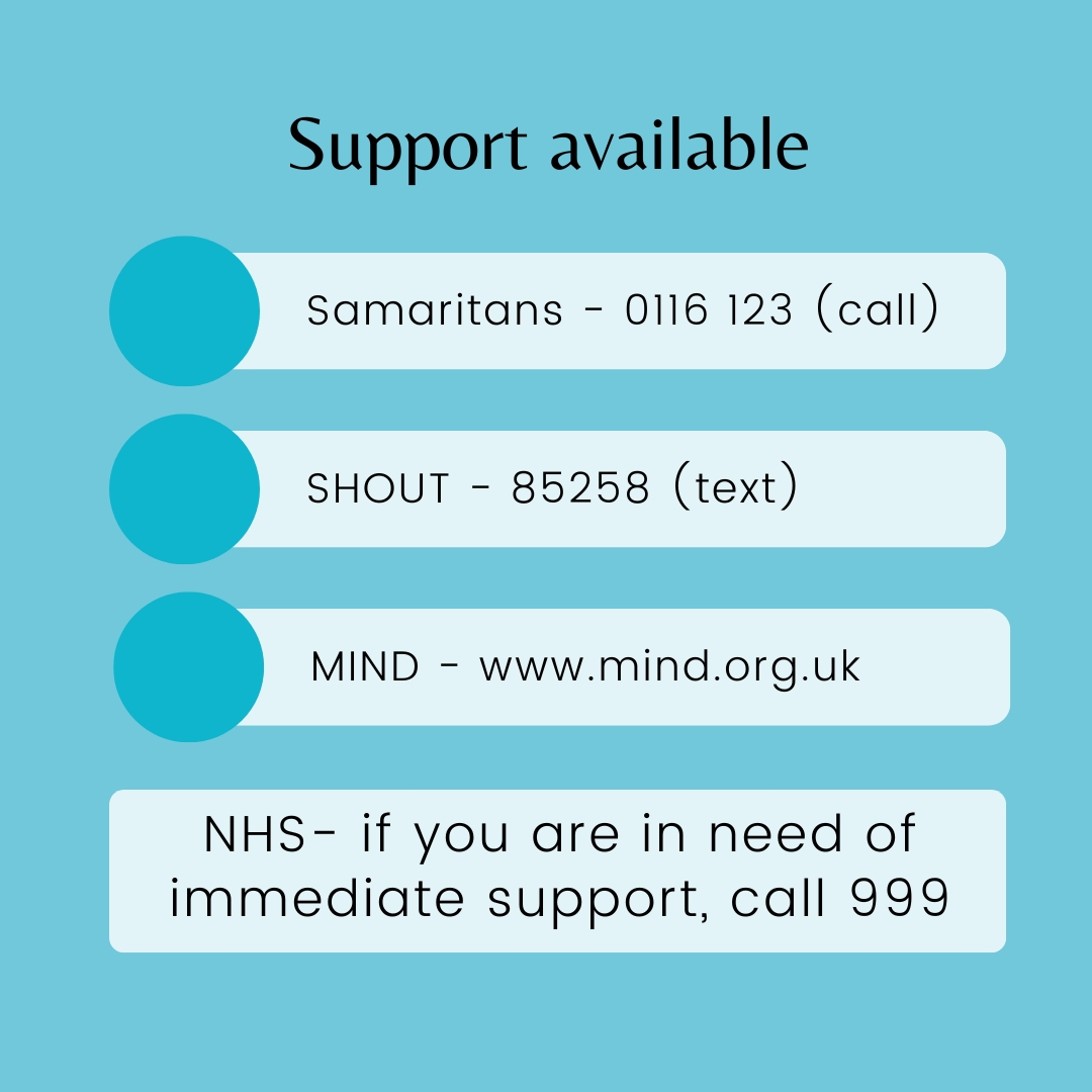 Don’t forget if you ever need support, no matter what day it is, there are organisations available to help.