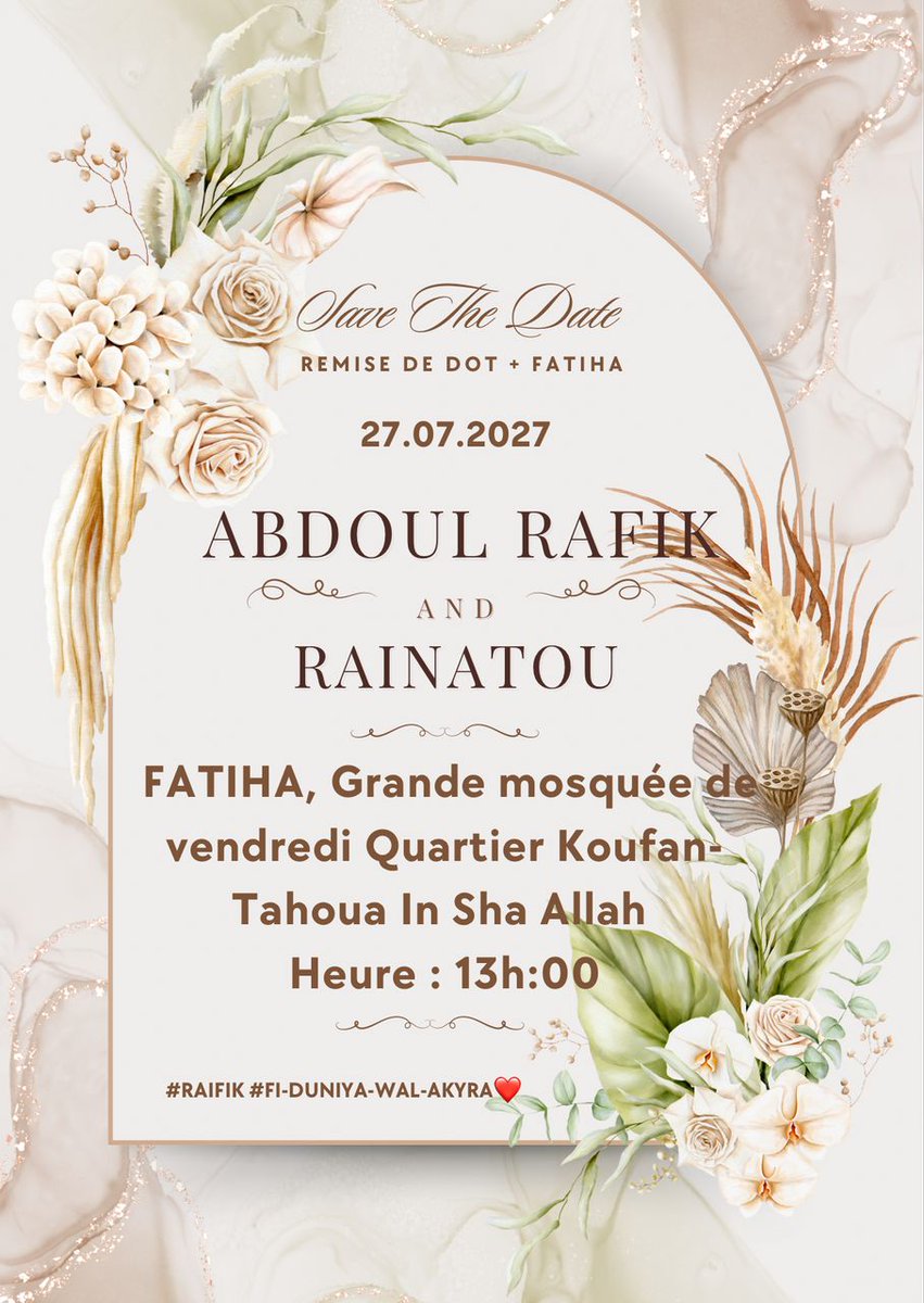 msaid_227's tweet photo. J’ai le plaisir de vous annoncer la remise de dot suivie de la  fatiya du mariage de ma sœur @Rainath_Hamidou AMPOUPOU, ce vendredi 27 juin à Tahoua.

Qu'Allah nous permette de vivre ce jour béni et qu’Il comble ce mariage de Sa miséricorde, Sa paix et Sa bénédiction. https://t.co/7JME1IN08n