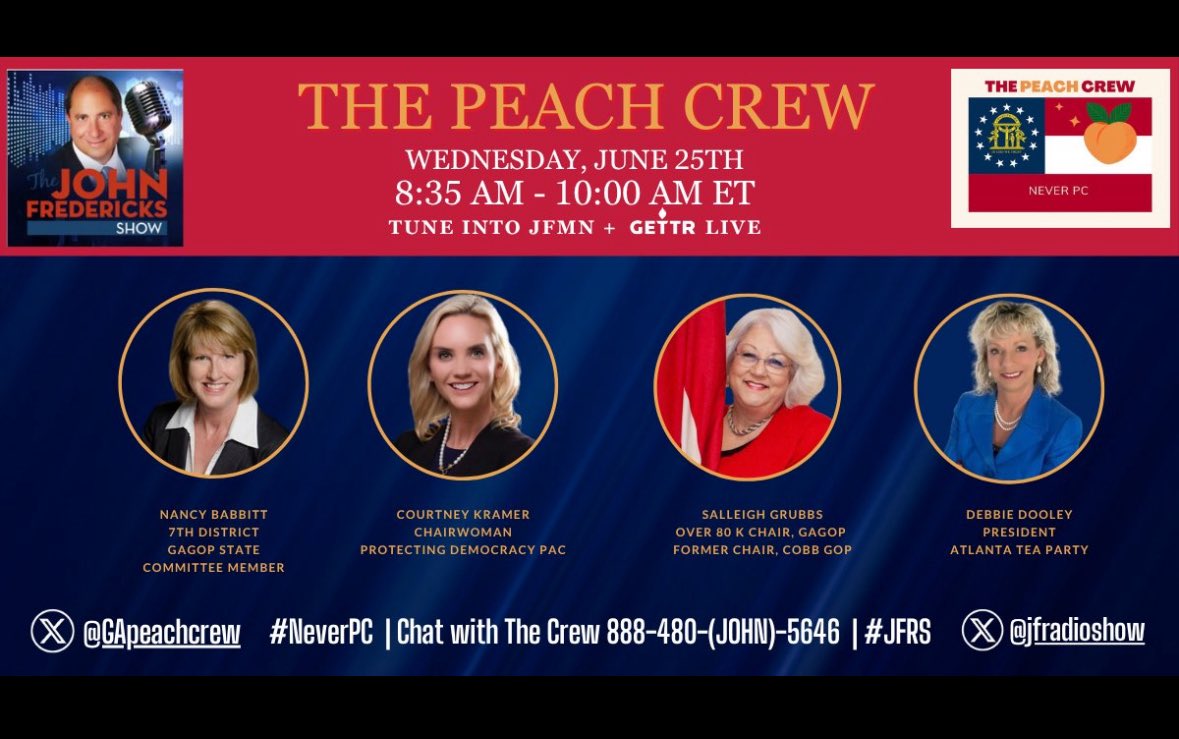 GApeachcrew's tweet photo. It’s Dish List time! The @GApeachcrew 🍑 is BACK and LIVE on @JFRadioshow today Wednesday, June 25th from 8:35–10:00 AM ET for the hottest hour of #neverPC in #GAPOL!

🚨Members of Congress move to impeach Trump but 128 out of 344 votes are DEMS siding with Republicans to stop the consideration of the bill 👀

🚨 A GA House member did NOT sign the resolution commending Trump for the Iran bombing...but why not @mtgreenee!? Is there a divide coming?

🚨 Trump WINS deportation lawsuit! What does this mean and why are women Supreme Court Justices big mad about this? TUNE IN! 

Join Us! ⬇️

📞 Call in: 888-480-5646
🖥️ Watch on: ROKU, Amazon FireTV, or AppleTV → https://t.co/qWeGrKG4tU
📺 GETTR: https://t.co/uO9TF5Kj7G…
💻 Stream on X: https://t.co/m4ujGUWChp
▶️ YouTube: https://t.co/20pwrtZlKr…
📲 Download the App: https://t.co/oFECsLodjj

👥🍑 The Peach Crew joins @JFRadioshow weekly on Wednesdays at 8:35 AM ET—featuring:
@KramerForGA | @NancyBabbitt7 | @gagopover80k | @Crimsontider 

You won't want to miss this Peach Crew's politically incorrect commentary and insights! #PCbutneverPC 🇺🇸