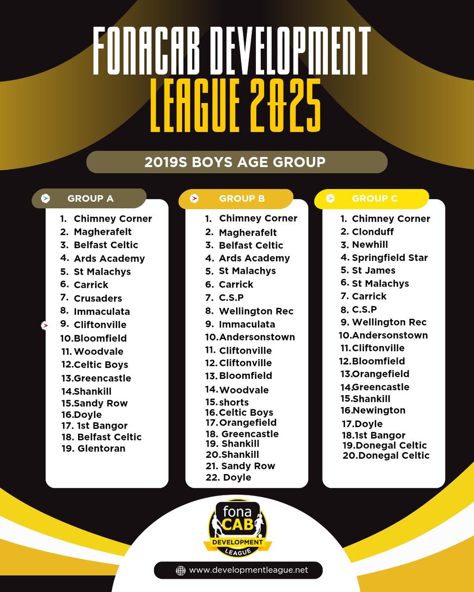 <a href="/fonacabbelfast/">fonaCAB</a> Development League 2019s – August 2025 

The groups are SET. The stage is READY. The countdown is ON! 🏆⚽

💥 New teams can STILL join! 📍 8+ venues incl. stadiums 📅 Kicks off August 2025 📩 PM us to enter!

#fonaCABLeague #YouthFootball