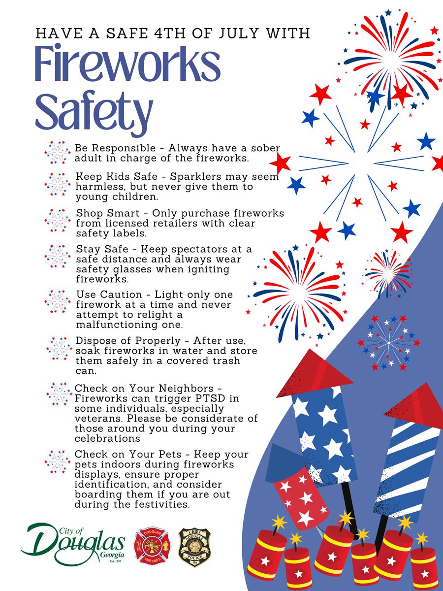As Independence Day approaches, the City of Douglas is here to remind citizens to use caution during celebrations especially when it comes to using fireworks. cityofdouglasga.gov/CivicAlerts.as…