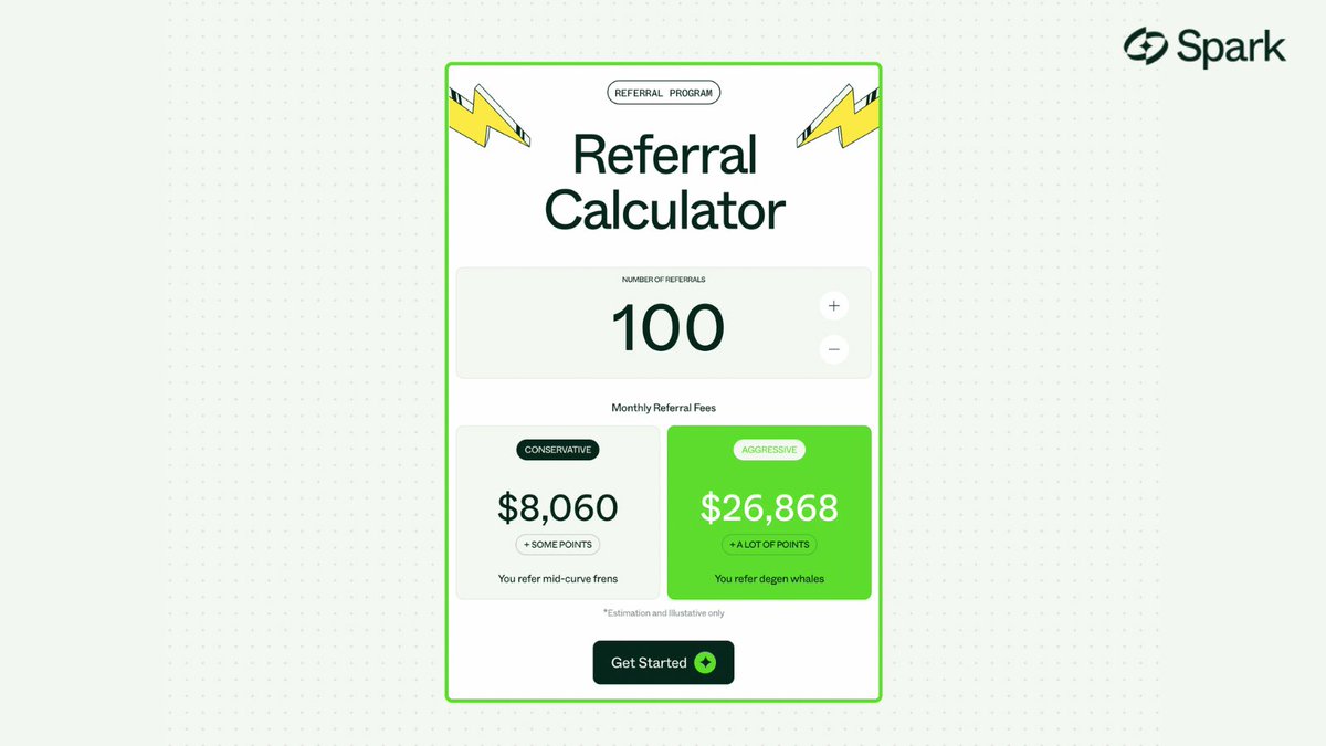 MILDLY ALARMING NEWS

You: just referred 100 people to Spark's Referral Tree.
Spark: cool, here’s $26,868/month.

🧠 Calculate your own upside: spark.xyz/spark-wars
Then go build your tree. 🌳