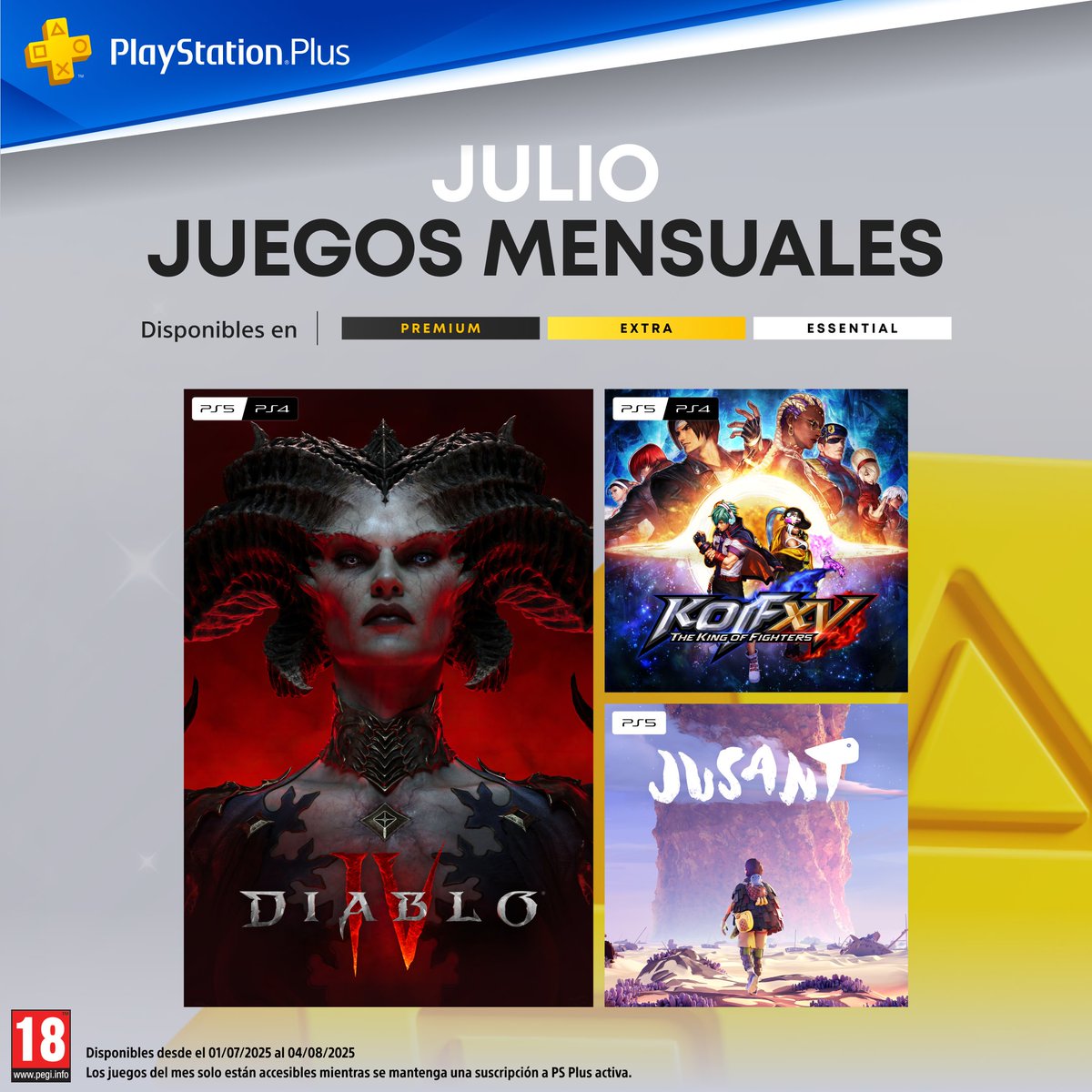 ¡PlayStation Plus cumple 15 años y lo celebramos con estos JUEGAZOS que llegan a los #JuegosDelMes!

😈Diablo IV
🥊The King of Fighters XV 
🧗‍♂️Jusant

Descubre más sobre nuestro 15 aniversario que incluye nuevas pruebas de juego, ofertas, descuentos y más: bit.ly/PLUS15blg