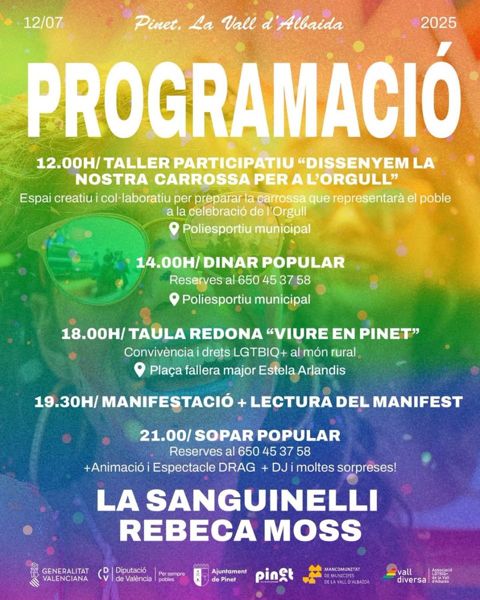 🎉 Ja tenim la programació del IV Orgull LGTBIQ+ comarcal amb totes les lletres! 🌈 Celebrem la diversitat i fem visible l’orgull rural a Pinet 💪 Reclamem drets i polítiques valentes per a les persones LGTBIQ+ a l’interior.

Ens veiem als carrers! 🏳️‍🌈🏳️‍⚧️ #OrgullRural #LGTBIQ+