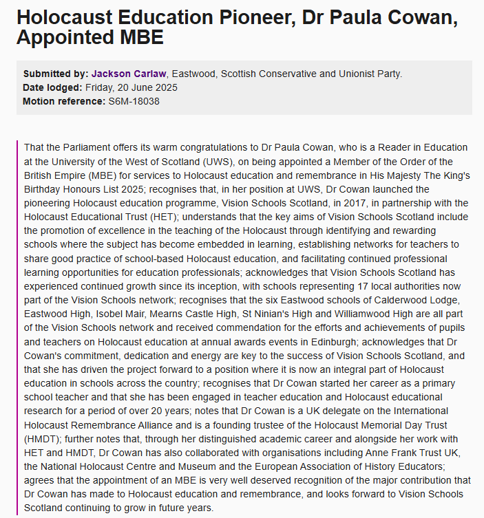 UWS (@uniwestscotland) on Twitter photo Fantastic to see a parliamentary motion congratulating Dr Paula Cowan on her MBE for services to Holocaust education and remembrance.
Thanks to <a href="/Jackson_Carlaw/">Jackson Carlaw</a> for lodging the motion and recognising this vital work.
Read more: uws.ac.uk/news/uws-acade… Fantastic to see a parliamentary motion congratulating Dr Paula Cowan on her MBE for services to Holocaust education and remembrance.
Thanks to <a href="/Jackson_Carlaw/">Jackson Carlaw</a> for lodging the motion and recognising this vital work.
Read more: uws.ac.uk/news/uws-acade…