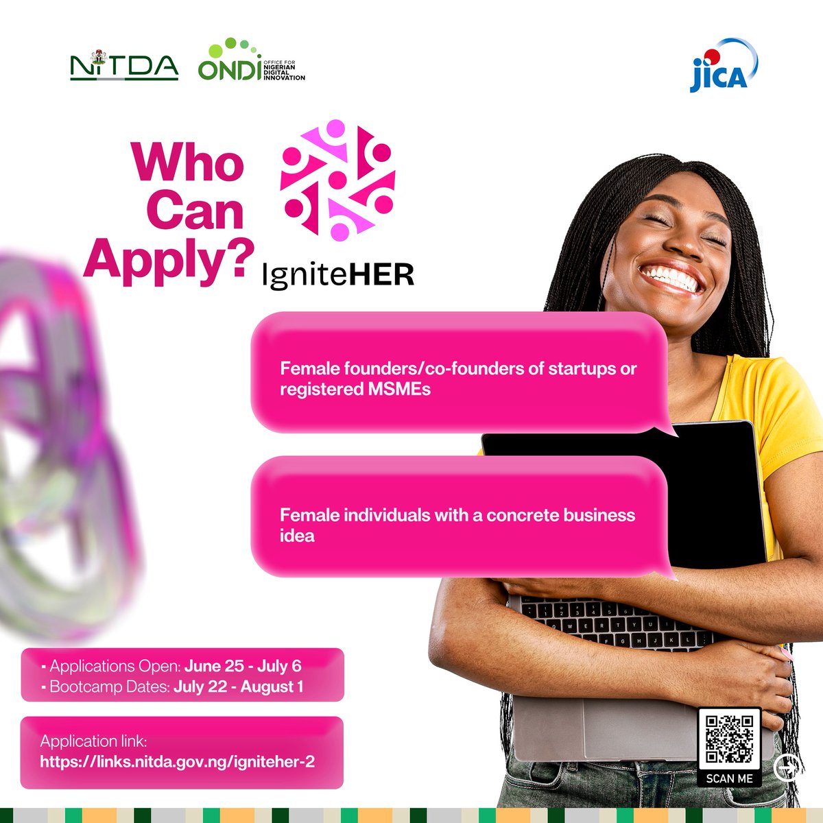 A CALL FOR APPLICATIONS – IgniteHER Entrepreneurship Bootcamp Cohort 2!

Are you a Nigerian female entrepreneur ready to ignite your business for growth and innovation?

We're excited to announce that applications are now open for the IgniteHER Entrepreneurship Bootcamp, Cohort