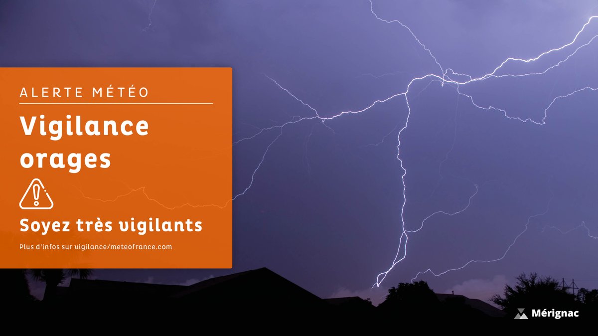 Ville de Mérignac (@merignac) on Twitter photo ⛈️ #Alertemétéo 🟠 
⚠️ La #Gironde est placée en vigilance 🟠 pour le risque d'orages.
❌ Fermeture progressive des parcs ce 25 juin à partir de 16h.
🌳 Réouverture au fur et à mesure des vérifications de sécurité le 26 juin.
Plus d’infos 👇 
vigilance.meteofrance.fr/fr/gironde ⛈️ #Alertemétéo 🟠 
⚠️ La #Gironde est placée en vigilance 🟠 pour le risque d'orages.
❌ Fermeture progressive des parcs ce 25 juin à partir de 16h.
🌳 Réouverture au fur et à mesure des vérifications de sécurité le 26 juin.
Plus d’infos 👇 
vigilance.meteofrance.fr/fr/gironde