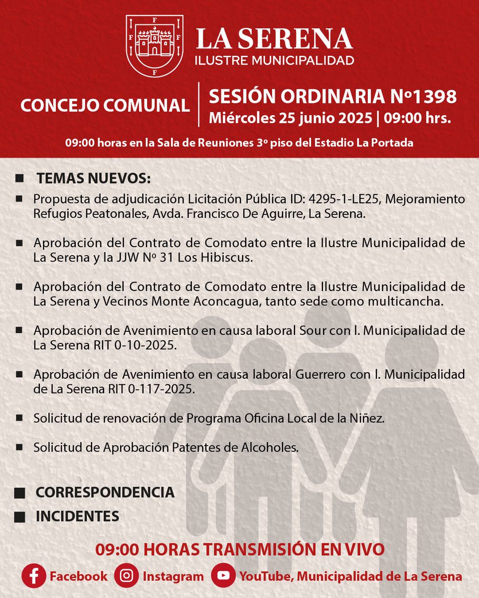 munilaserena's tweet photo. 🔴CONCEJO COMUNAL | Compartimos la tabla de temas que se abordarán este miércoles 25 de junio, en una nueva sesión del Concejo Comunal de La Serena.
➡️Recuerda que puedes seguir la transmisión en vivo por nuestras redes sociales
#LaSerena #ConcejoComunal https://t.co/CBJ7m5Lm0I