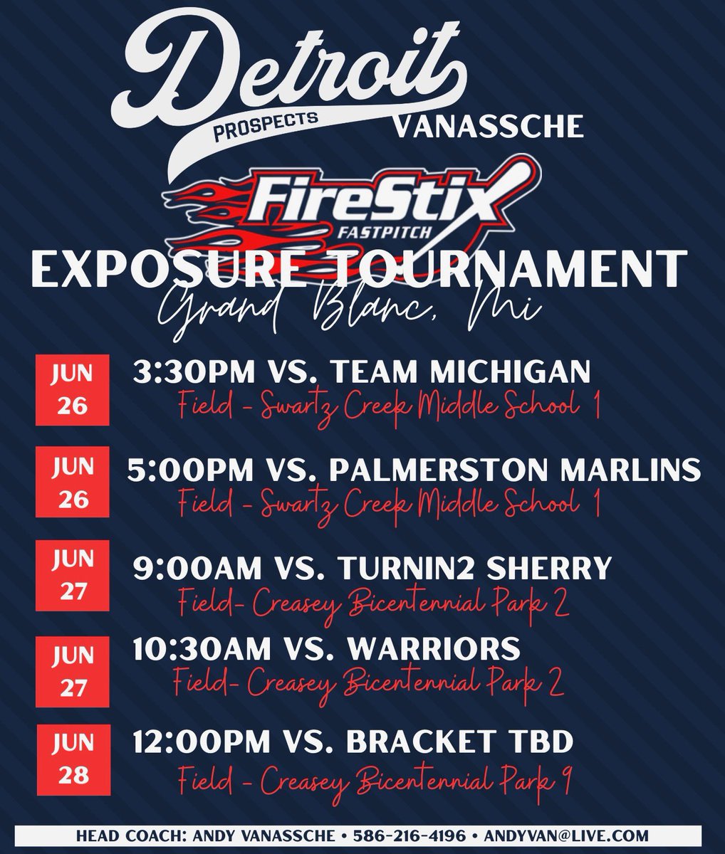 Weekend schedule for the Firestix exposure tourney. Come check us out! <a href="/AQSoftball/">Aquinas Softball</a> <a href="/chris_stelma/">ChrisStelma</a> <a href="/jlobdell24mlb/">James Lobdell</a> <a href="/coachjen_gvsu/">Jen Rivera</a> <a href="/MUCrusadersSB/">Madonna Softball</a> <a href="/AlmaScotsSB/">Alma College Softball</a> <a href="/colie_abes_12/">Nicole Tines</a> <a href="/UOlivetSBALL/">The University of Olivet Softball</a> <a href="/Albion_Softball/">Albion Softball</a> <a href="/svsu_ryan/">CoachRyan</a> <a href="/schumann_jake/">Jake Schumann</a> <a href="/UMDearbornSB/">UM-Dearborn Softball</a> <a href="/DU_SBALL/">PANTHER SOFTBALL</a> <a href="/HopeCollegeSB/">Hope Softball</a> <a href="/McCallSalmon/">McCall Salmon</a>