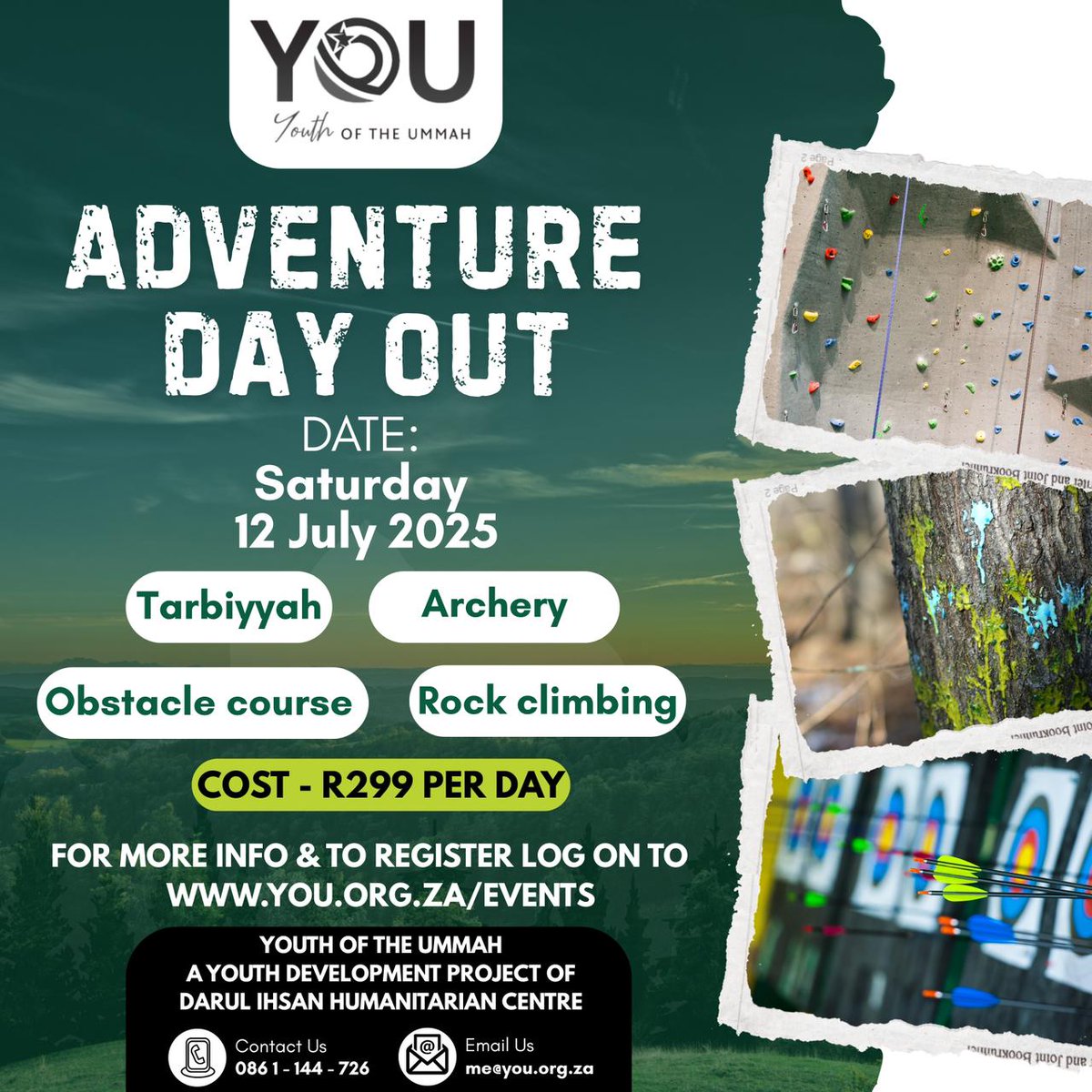 discdbn's tweet image. Youth of the Ummah: Adventure Day Out!

📅 Saturday 12 July 2025
⭕ Boys ages 7-17yrs
📍 Infinite Adventures, Bothas Hill 

#OutdoorActivites#YouthoftheUmmah #HalalFun #Youth #SocialMedia #Palestine #DarulIhsan#Islam