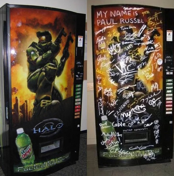 VideoGameHstry's tweet image. Halo 2 vending machine signed by Bungie employees that was auctioned off for $15,000 for charity