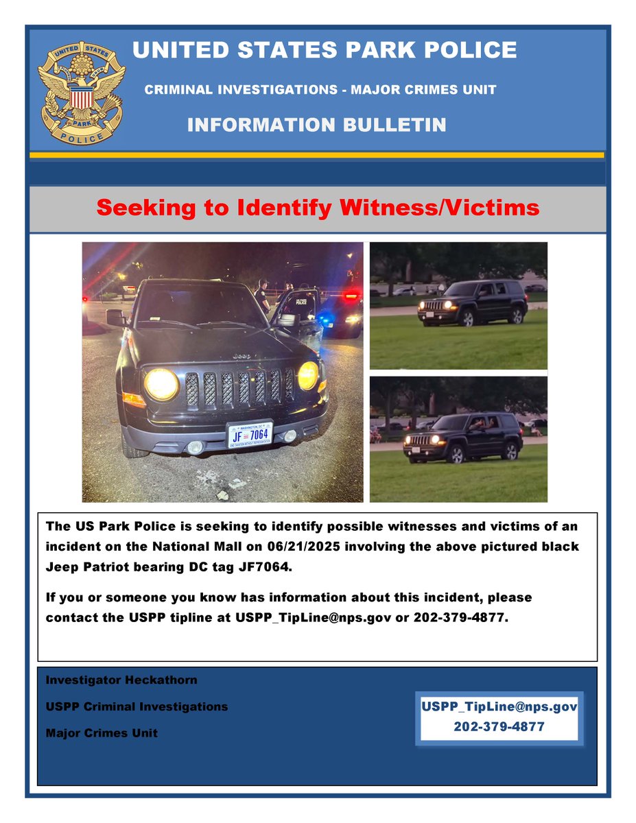 usparkpolicepio's tweet image. The USPP Major Crimes Unit is seeking to identify possible victims or witnesses who were on the National Mall Saturday, June 21, between 8:30 PM and 9 PM. Anyone with information is asked to contact the USPP Tipline at (202)379-4877 or email USPP_Tipline@nps.gov.