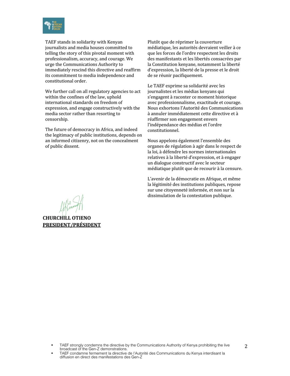 TAEF condemns the directive by the Communications Authority of Kenya prohibiting the live broadcast of the Gen-Z demonstrations (TAEF condamne fermement la directive de l’Autorité des
Communications du Kenya interdisant la diffusion en direct des manifestations des GenZ)