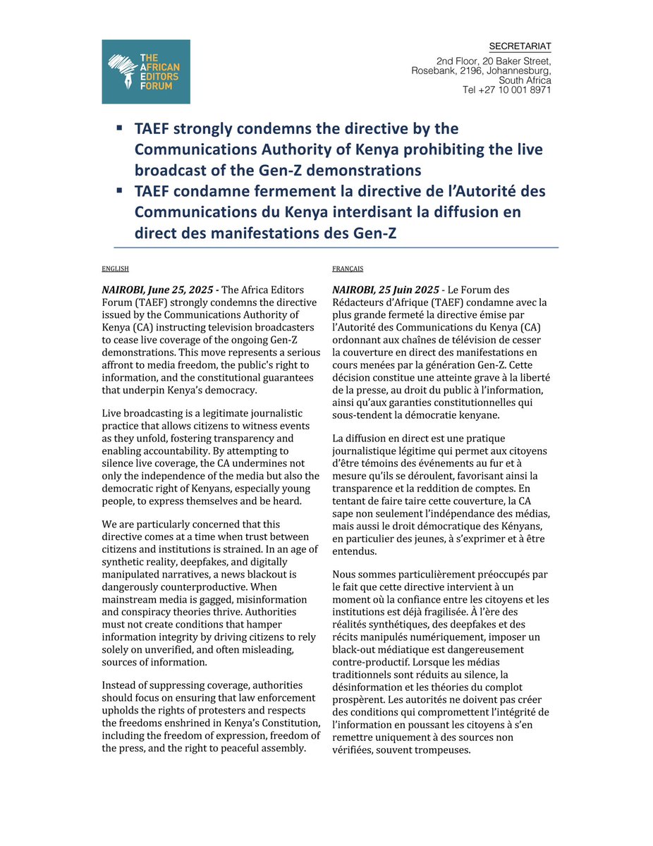 ForumTaef's tweet photo. TAEF condemns the directive by the Communications Authority of Kenya prohibiting the live broadcast of the Gen-Z demonstrations (TAEF condamne fermement la directive de l’Autorité des
Communications du Kenya interdisant la diffusion en direct des manifestations des GenZ) https://t.co/Pzfk20WPGK