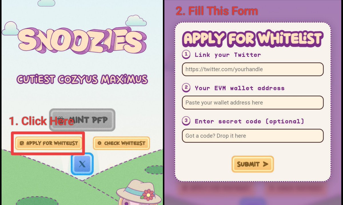 007 (@only007here) on Twitter photo ✨ <a href="/snooziesNFT/">Snoozies 🍡</a> WL Is Now OPEN! ✨
1️⃣ Go to: snoozies.xyz
2️⃣ Click on "Apply for Whitelist."
3️⃣ Fill the form ✅
✨ To boost your chances of getting whitelisted do this —
- Post about <a href="/snooziesNFT/">Snoozies 🍡</a> on X and tag
- Have a good X profile and pinned post
- Fund your ✨ <a href="/snooziesNFT/">Snoozies 🍡</a> WL Is Now OPEN! ✨
1️⃣ Go to: snoozies.xyz
2️⃣ Click on "Apply for Whitelist."
3️⃣ Fill the form ✅
✨ To boost your chances of getting whitelisted do this —
- Post about <a href="/snooziesNFT/">Snoozies 🍡</a> on X and tag
- Have a good X profile and pinned post
- Fund your
