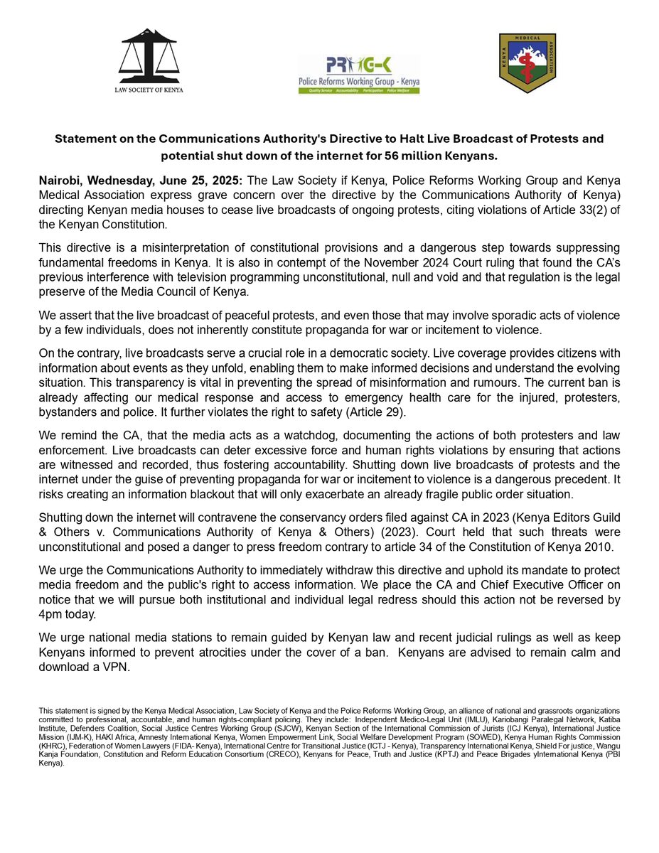 ReformsGroup's tweet image. Press statement: We remind the @CA_Kenya, that the media acts as a watchdog, documenting the actions of both protesters and law enforcement. Live broadcasts can deter excessive force and human rights violations by ensuring that actions are witnessed and recorded. #FreeToProtest