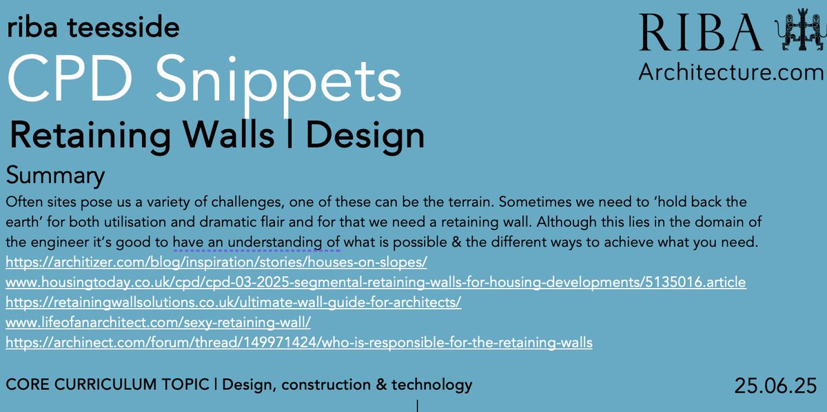 RibaTees's tweet image. #CPDSnippets this week looks at #RetainingWalls
links
architizer.com/blog/inspirati…
housingtoday.co.uk/cpd/cpd-03-202…
retainingwallsolutions.co.uk/ultimate-wall-…
lifeofanarchitect.com/sexy-retaining…
archinect.com/forum/thread/1…
@RIBANorthEast @RIBA @RIBA_YAPF #architect #architecture