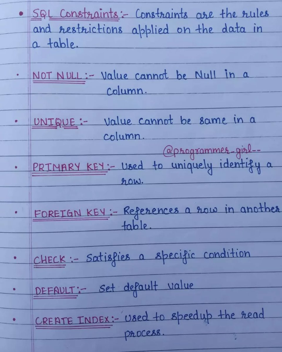 Krishnasagrawal's tweet image. SQL constraints 📘📚

Bookmark it now 🔖 

#sql