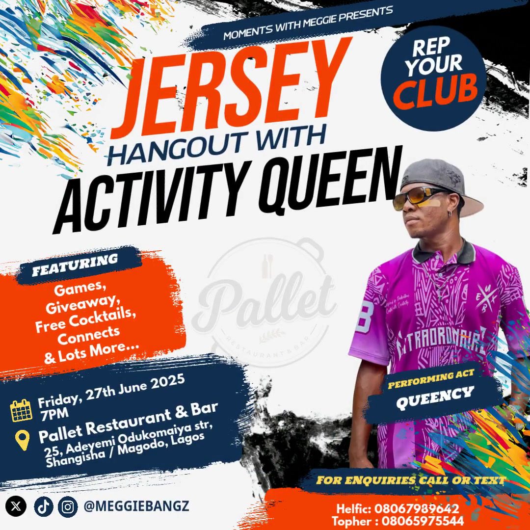 Pallet Restaurant & Bar (@palletlagos) on Twitter photo This Friday with <a href="/Activity_queen/">LAGOS ABUJA GIRL</a> X <a href="/Palletlagos/">Pallet Restaurant & Bar</a> !!!
come and unwind. Rep your club and look sharp, Dj Madgenuis and Hypeman Nonny would carry us there ๐ฅฐ๐ฅฐ๐ฅฐ๐ฅฐ
๐: No 25 Adeyemi odukomaiya street , Magodo shaginsha Lagos This Friday with <a href="/Activity_queen/">LAGOS ABUJA GIRL</a> X <a href="/Palletlagos/">Pallet Restaurant & Bar</a> !!!
come and unwind. Rep your club and look sharp, Dj Madgenuis and Hypeman Nonny would carry us there ๐ฅฐ๐ฅฐ๐ฅฐ๐ฅฐ
๐: No 25 Adeyemi odukomaiya street , Magodo shaginsha Lagos