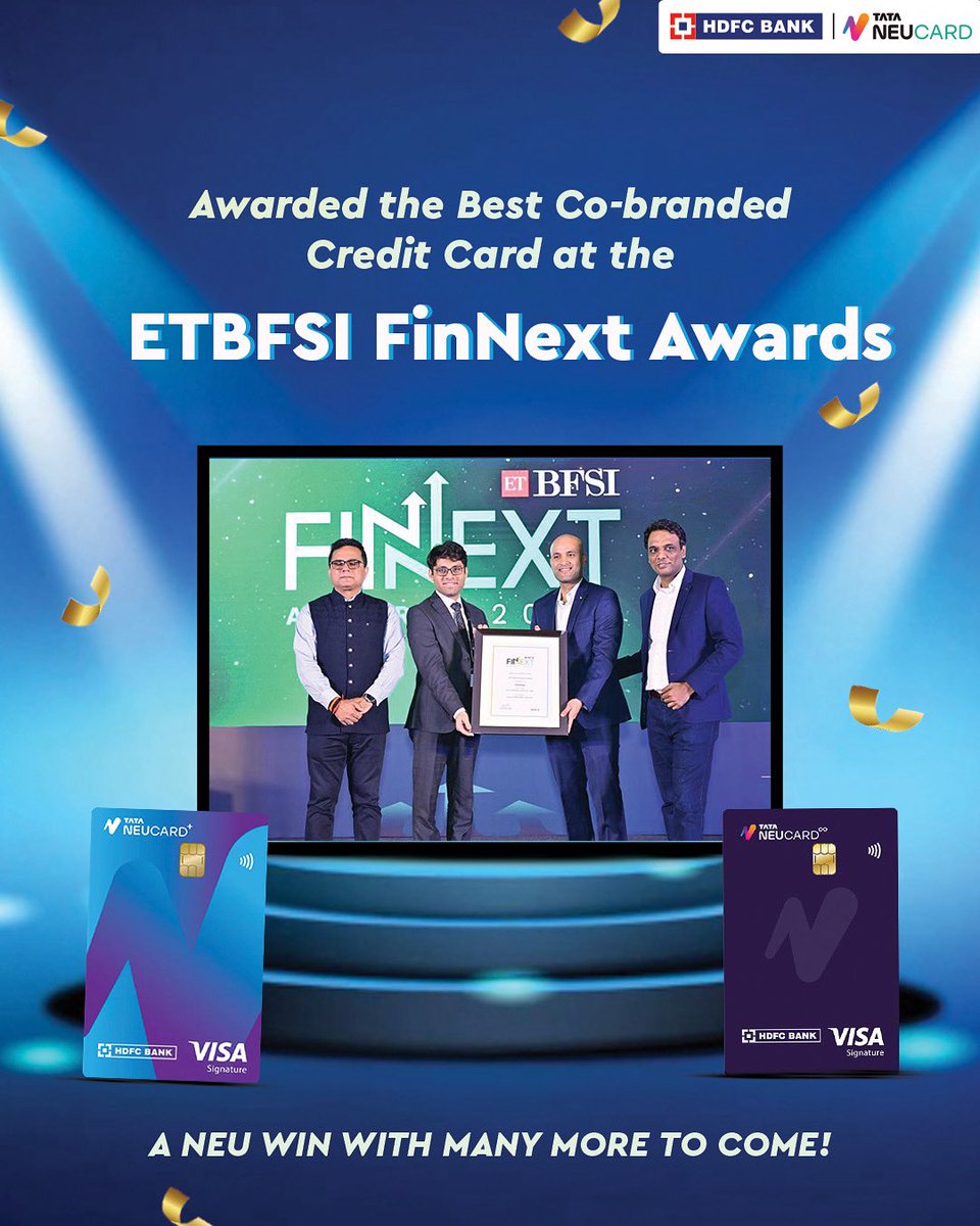 2 Million+ strong, and now award-winning 🏆

The Tata Neu HDFC Bank Credit Card has been crowned Best Co-branded Credit Card at the ETBFSI FinNext Awards 2025! 🎉

This win is yours as much as ours. Here’s to powering more possibilities - together!