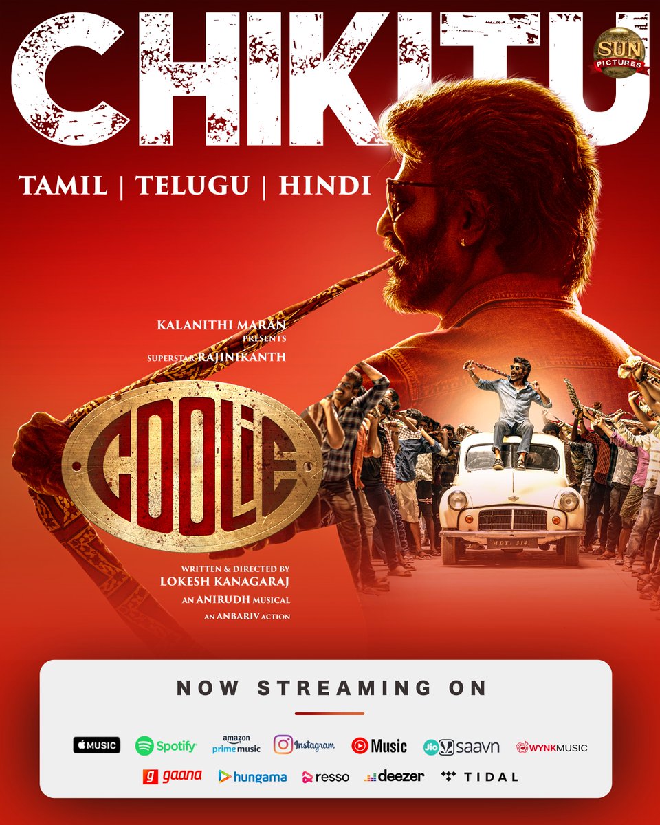 Sun Pictures (@sunpictures) on Twitter photo #GetChikitufied on your favourite streaming platforms! 📣
The first single #Chikitu is streaming now in Tamil, Telugu and Hindi! 💥🎶
🎵 orcd.co/chikitusong
▶️ youtu.be/rsJ-LGpE7Lc
#Coolie releasing worldwide August 14th
<a href="/rajinikanth/">Rajinikanth</a> <a href="/Dir_Lokesh/">Lokesh Kanagaraj</a> <a href="/anirudhofficial/">Anirudh Ravichander</a> #GetChikitufied on your favourite streaming platforms! 📣
The first single #Chikitu is streaming now in Tamil, Telugu and Hindi! 💥🎶
🎵 orcd.co/chikitusong
▶️ youtu.be/rsJ-LGpE7Lc
#Coolie releasing worldwide August 14th
<a href="/rajinikanth/">Rajinikanth</a> <a href="/Dir_Lokesh/">Lokesh Kanagaraj</a> <a href="/anirudhofficial/">Anirudh Ravichander</a>