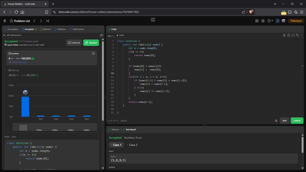 Day 49 of DSA Using Java 🚀 

Solved Problem on Arrays on Leetcode :   
198. House Robber 🔗leetcode.com/problems/house…

#DSAWithKunal #60DaysOfDSA #CodingCommunity #BuildInPublic #Java