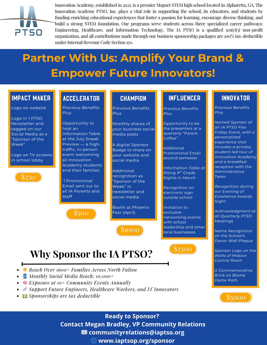 Local Businesses-Want to amplify your brand and empower the next generation of innovators? 🌟 Partner with Innovation Academy PTSO &amp; reach 1,600+ families, gain 10,000+ monthly impressions, and connect directly with your future customers.  Questions-communityrelations@iaptso.org