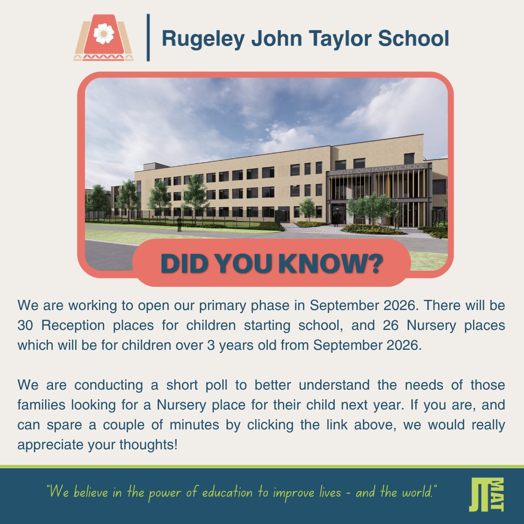 📣 We are keen to hear from families who have a child turning 3 years old from September 2026 and who would be interested in a Nursery place at our new school.
We would really appreciate it if you can spare time to give us your thoughts by clicking: forms.office.com/e/WcCuhSierk