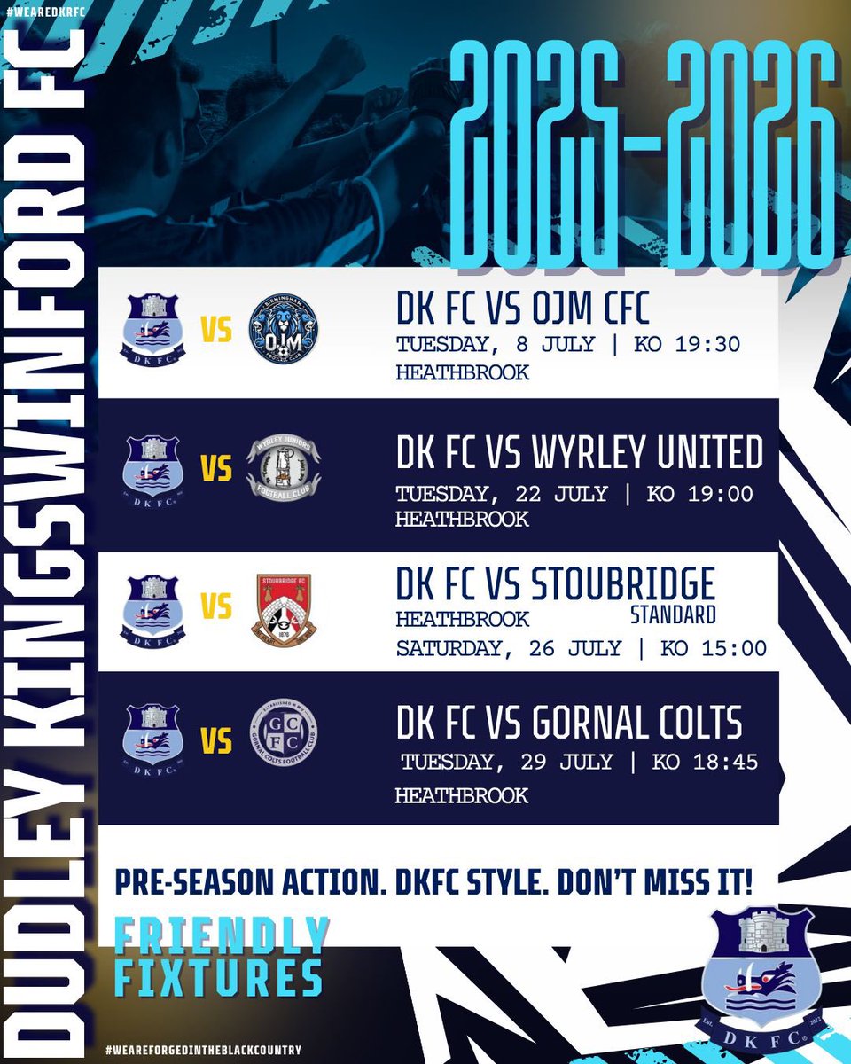 Dudley Kingswinford FC (@dkfootballclub) on Twitter photo 👀 Here is our pre season fixture schedule as we begin preparation for our first season in the West Midlands Premier Division…
We have four games lined up as we host @OJM_CFC, <a href="/WyrleyF/">Wyrley United FC</a>, <a href="/StourbridgeFC/">Stourbridge FC</a> and <a href="/GornalColtsFC/">Gornal Colts FC</a>!
<a href="/sockshopuk/">SOCKSHOP</a> <a href="/rajputwallheath/">Rajput Indian cuisine</a> <a href="/mapleworkwear/">Maple Workwear</a> #DKFC 👀 Here is our pre season fixture schedule as we begin preparation for our first season in the West Midlands Premier Division…
We have four games lined up as we host @OJM_CFC, <a href="/WyrleyF/">Wyrley United FC</a>, <a href="/StourbridgeFC/">Stourbridge FC</a> and <a href="/GornalColtsFC/">Gornal Colts FC</a>!
<a href="/sockshopuk/">SOCKSHOP</a> <a href="/rajputwallheath/">Rajput Indian cuisine</a> <a href="/mapleworkwear/">Maple Workwear</a> #DKFC
