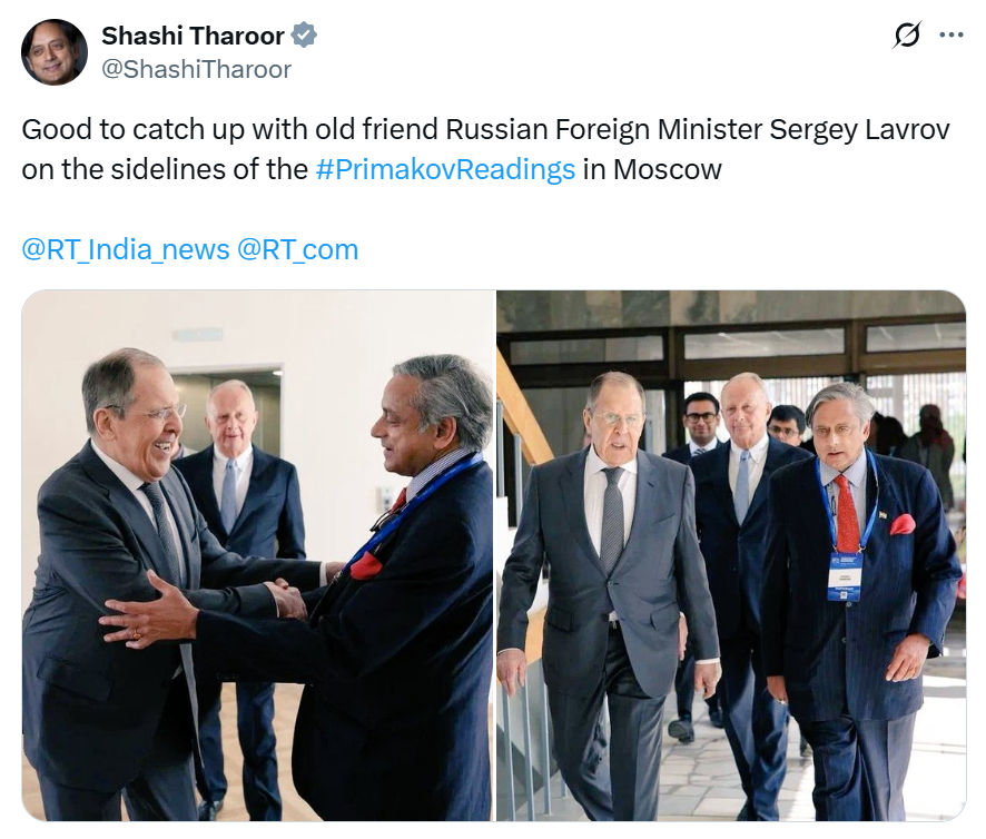PTI_News's tweet photo. "Good to catch up with old friend Russian Foreign Minister Sergey Lavrov on the sidelines of the #PrimakovReadings in Moscow," posts Congress MP Shashi Tharoor (@ShashiTharoor). https://t.co/RA3K6j2ftL