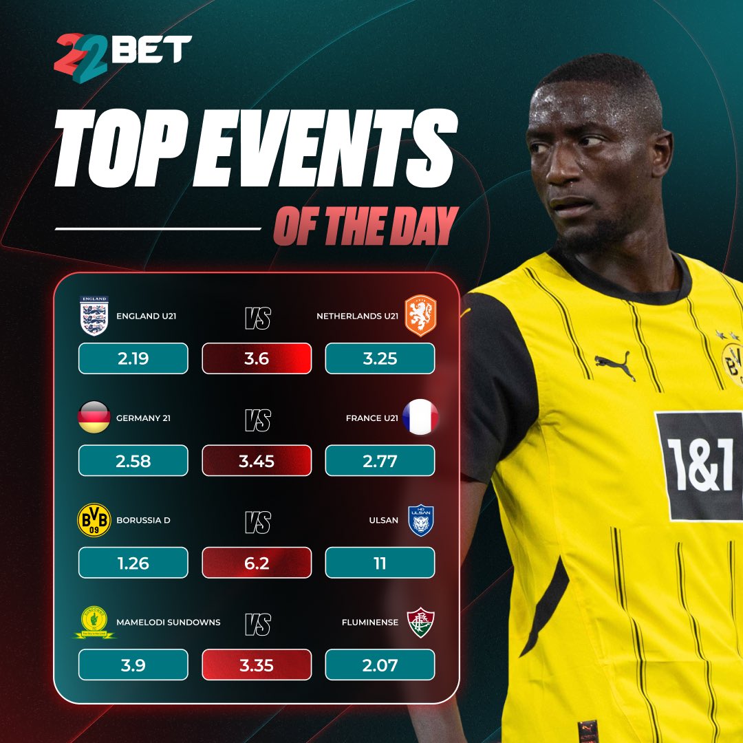 22bet_official's tweet photo. ⚽️🔥 A huge day of top football action!
🌍 Club World Cup + 🇪🇺 U21 EURO semifinals — all happening today!
💰 Get the best odds now on our website — don’t miss out!
#FootballDay #ClubWorldCup #U21EURO #BetNow #FootballFans #TopMatches #Odds #SportsBetting https://t.co/6gz4SiSlnL