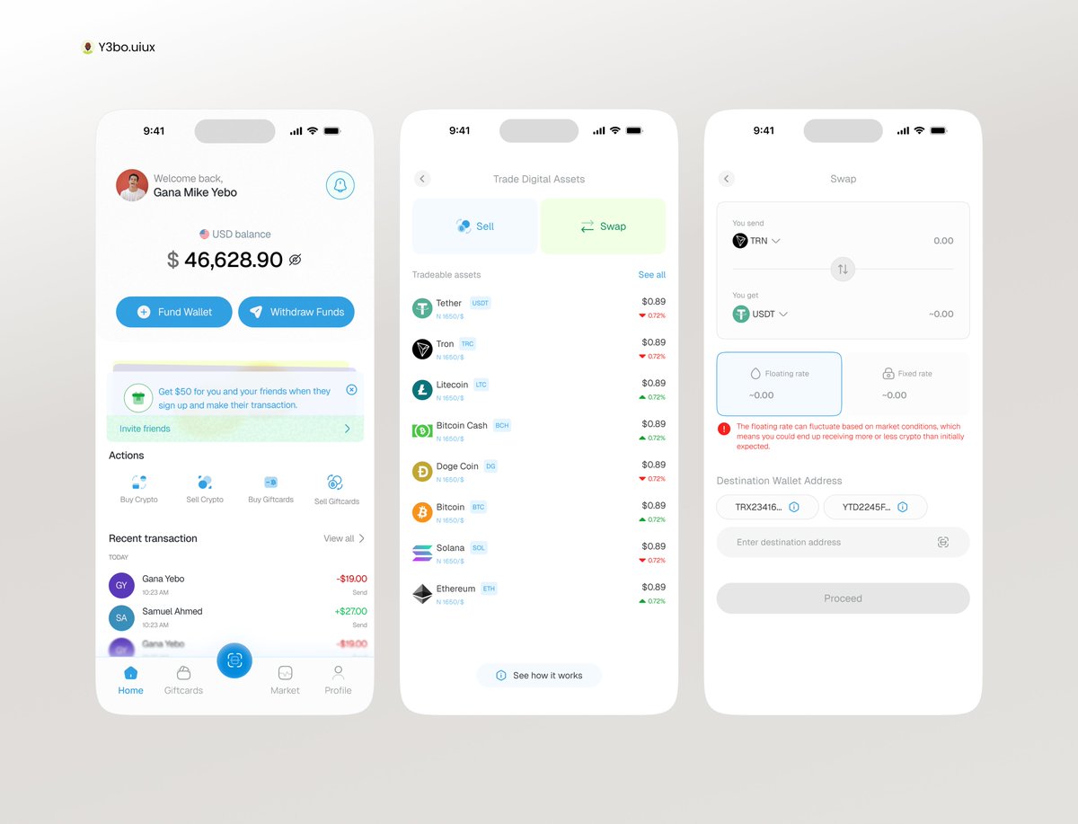 Just cooked up a clean crypto wallet interface 🍳💸 From funding &  withdrawals to swapping and selling assets—every action, smooth as butter  🧈 Which screen is your fave? #UIDesign #CryptoApp #ProductDesign #Web3 #