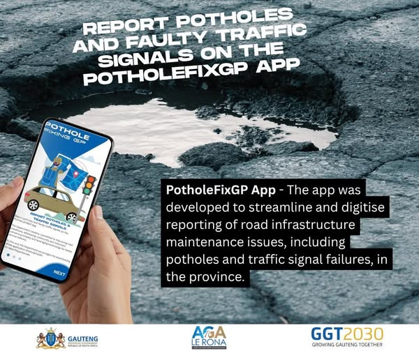 GPDRT_'s tweet photo. #POTHOLEFIXGP The app was developed to streamline and digitise reporting of road infrastructure maintenance issues, including potholes and traffic signal failures, in the province #TacklingG13 #GrowingGautengTogether #AgaLeRona https://t.co/zmEm0duJ7Z