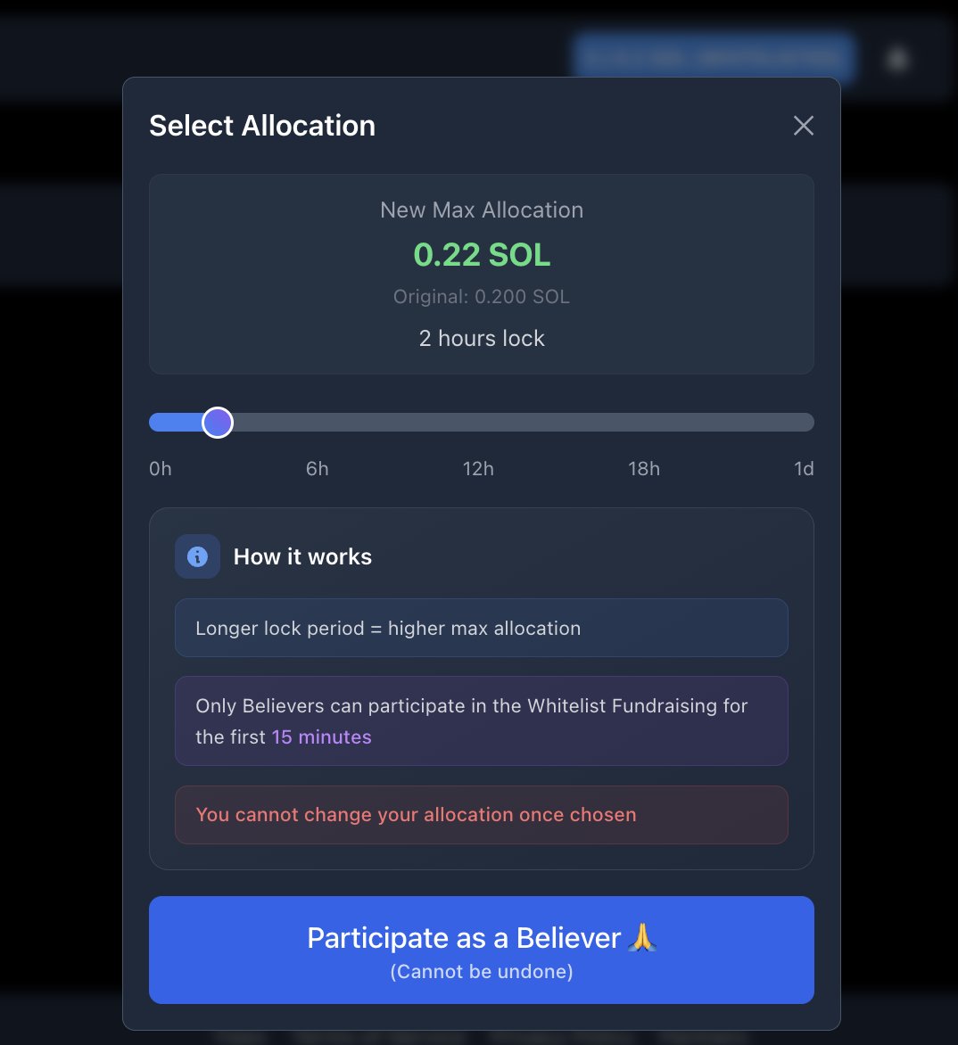 BELIEVER MODE ACTIVATED

Are you a true BELIEVER?

During WL phase, activate Believer Mode to boost your allocation
...but there's a catch 👀

You’ll get more tokens... with a timed claim delay after TGE. Why?

Because real believers don’t dump instantly. They ride the wave.