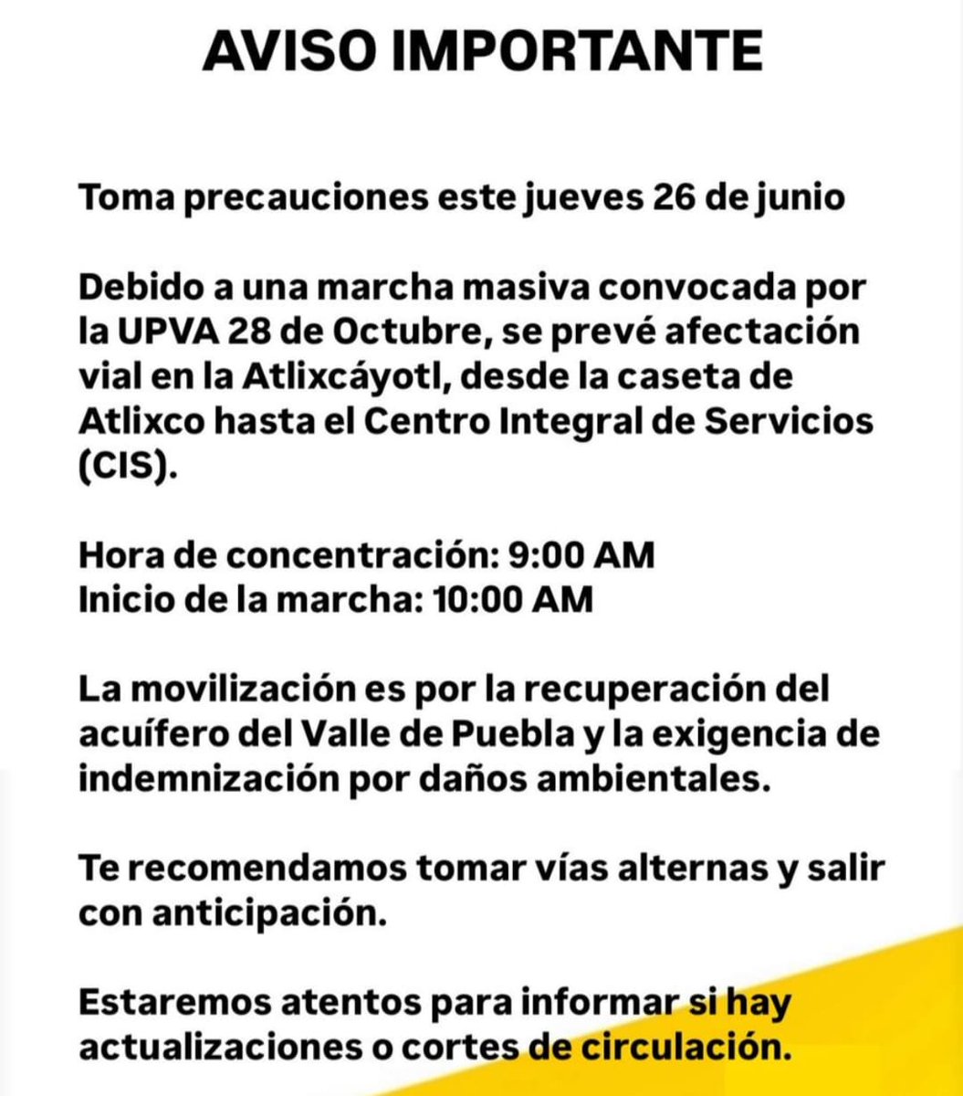 Trafico_Puebla's tweet photo. Recuerda que se espera una posible manifestación de integrantes de la 28 de octubre sobre la Vía Atlixcáyotl.

🔴 Punto de salida, caseta de #Atlixco rumbo al CIS 

Sal con tiempo y evita embotellamientos.

#TráficoPuebla #Puebla https://t.co/fmc9II7jhC
