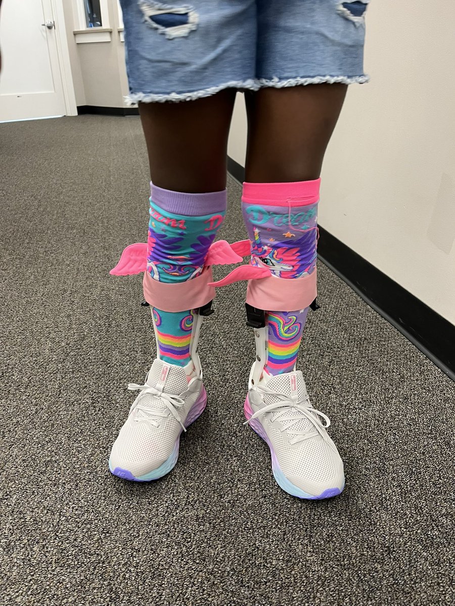EastPointPO's tweet photo. Our sweet patient rocked her new AFOs with the cutest matching socks! 🦄 
#orthotics #pediatrics #afos https://t.co/sx4DIme9BC