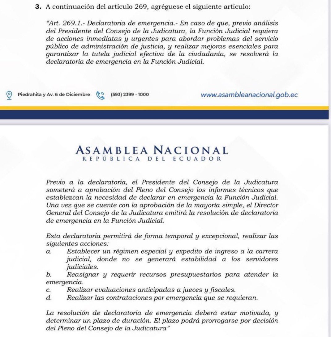 Deberíamos tener criterios INSTITUCIONALES de <a href="/CorteNacional/">Corte Nacional de Justicia</a> <a href="/CJudicaturaEc/">Consejo de la Judicatura</a> sobre reforma al COFJ 

Estado de emergencia podría tener medidas TEMPORALES EXCEPCIONALES con un limite: independencia judicial. Con lo aprobado no hay suficientes garantias para la Función Judicial.