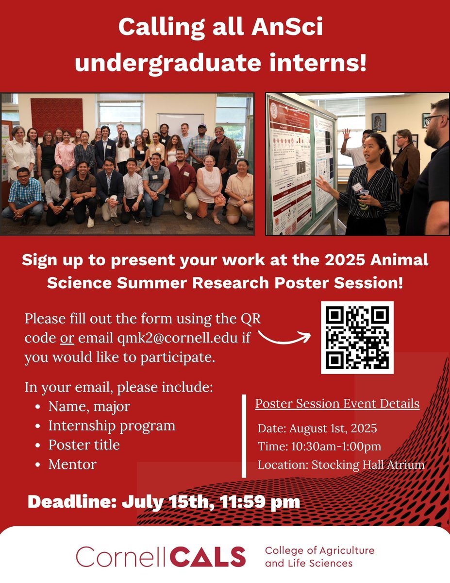 Nutrient Management Spear Program (NMSP) (@cornellnmsp) on Twitter photo 🐄🐓 <a href="/CornellAnSci/">Cornell Animal Science</a> interns, showcase your summer research!
📅 Aug 1 | 🕥 10:30am–1pm | 📍 Stocking Hall Atrium
Submit by July 15. Scan the QR or email Dr. Quirine Ketterings.
#CornellCALS #AnimalScience #ResearchPosterSession 🐄🐓 <a href="/CornellAnSci/">Cornell Animal Science</a> interns, showcase your summer research!
📅 Aug 1 | 🕥 10:30am–1pm | 📍 Stocking Hall Atrium
Submit by July 15. Scan the QR or email Dr. Quirine Ketterings.
#CornellCALS #AnimalScience #ResearchPosterSession