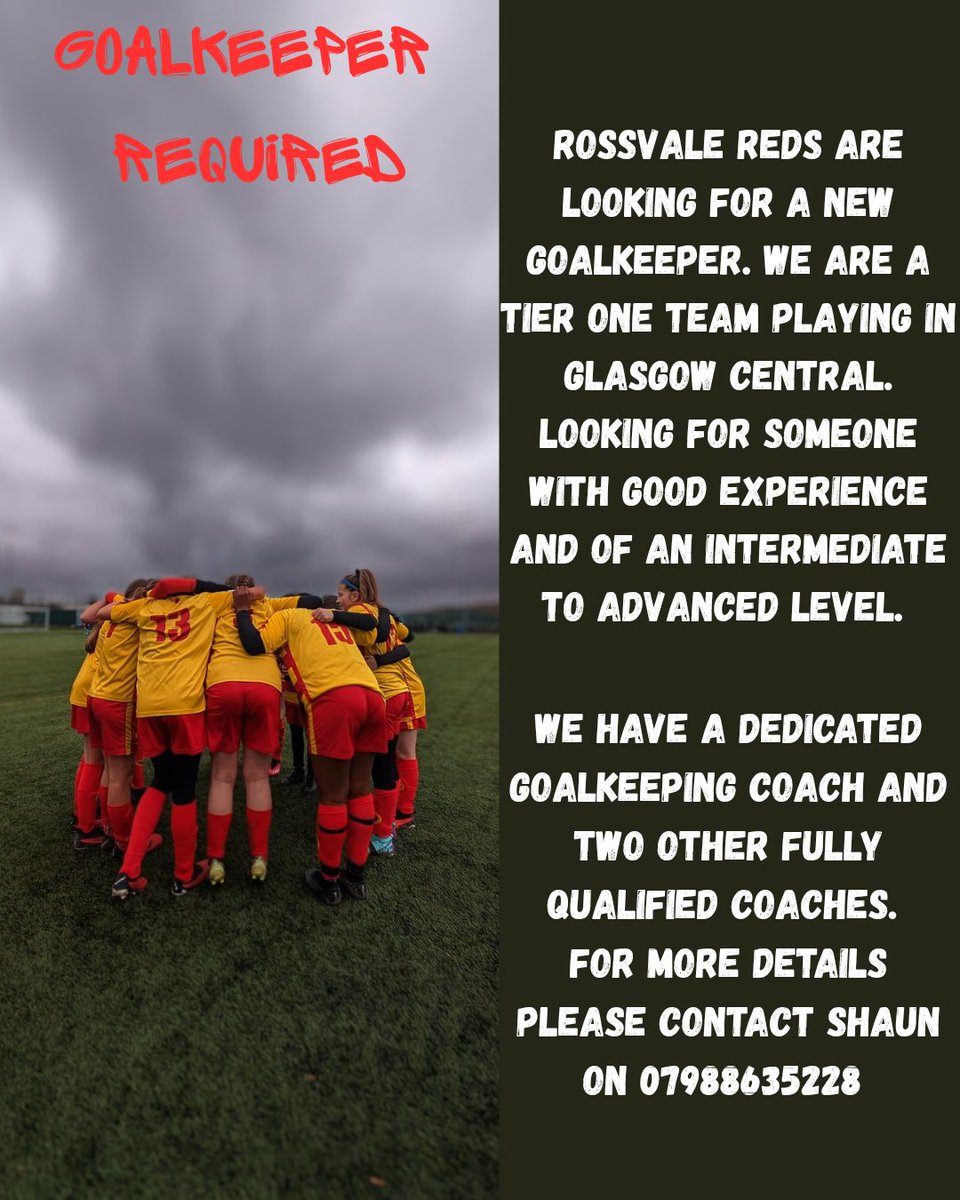 Rossvale Reds (@rossvalereds14) on Twitter photo We are currently in the look out for a new goalkeeper. Pre season is starting in 2 weeks.
Please share ๐
<a href="/GirlsResults/">Scottish Football Results - Girls/Women</a> We are currently in the look out for a new goalkeeper. Pre season is starting in 2 weeks.
Please share ๐
<a href="/GirlsResults/">Scottish Football Results - Girls/Women</a>