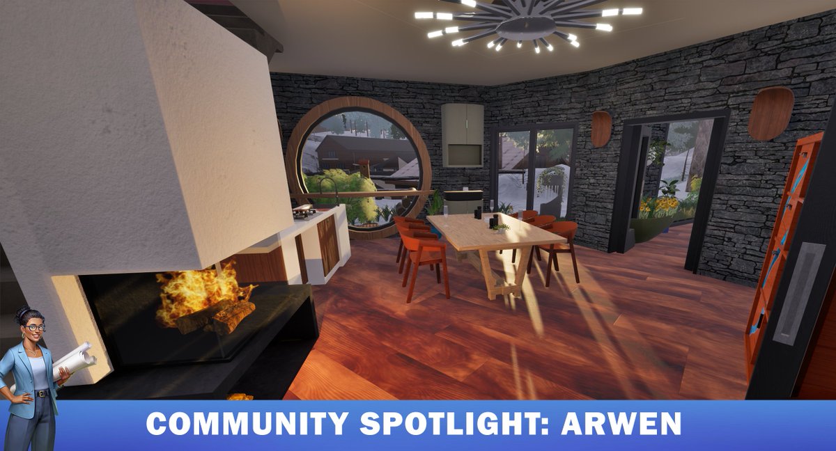 Bold textures, warm tones, and a fireplace centerpiece that steals the show: Arwen’s build blends rustic charm with modern flair. And that round window? Instant character.

A space that feels as good as it looks 🔥